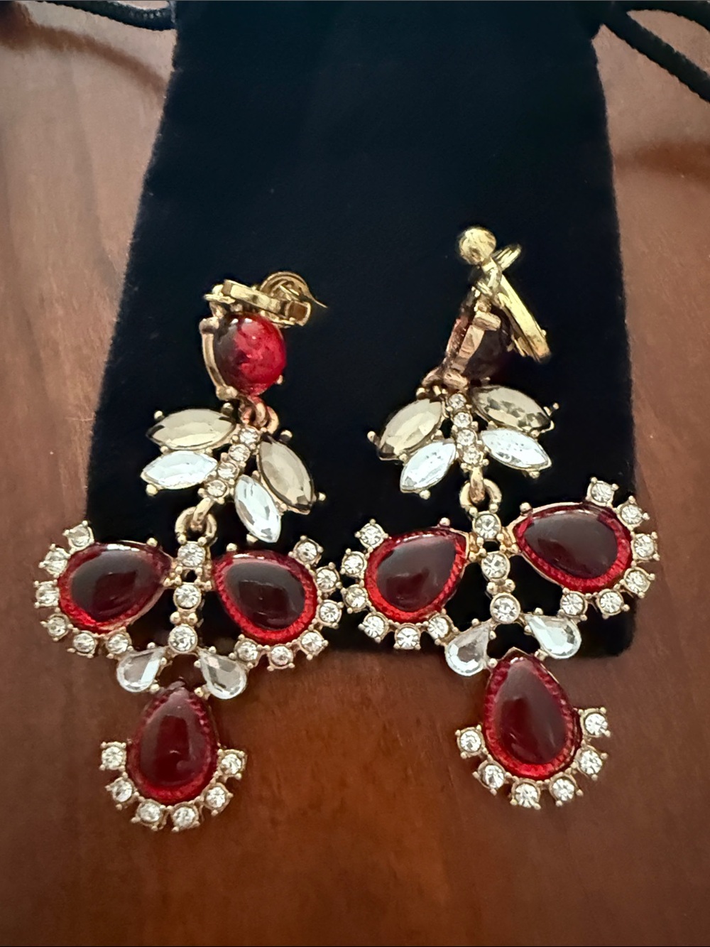 Gold-Tone Red Crystal Chandelier Clip-On Earrings